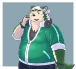  2022 anthro bari_mu belly big_belly black_nose bottomwear canid canine canis clothing domestic_dog green_body headphones headphones_around_neck hi_res humanoid_hands kemono lifewonders live-a-hero male mammal mokdai one_eye_closed overweight overweight_male pants shirt simple_background solo topwear video_games wink 