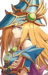  1girl arm_at_side blonde_hair blue_eyes breasts detached_sleeves duel_monster fagi_(kakikaki) hat long_hair magician&#039;s_valkyria parted_lips solo wizard_hat yu-gi-oh! 