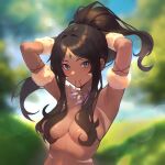  1girl absurdres adjusting_hair armpits arms_behind_head bangs blurry blurry_background body_markings breasts brown_eyes brown_hair closed_mouth day forehead_jewel fur_trim hair_over_breasts highres jewelry keoboogie league_of_legends long_hair looking_at_viewer medium_breasts mouth_hold necklace nidalee outdoors revision solo tooth_necklace topless upper_body 