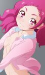  1girl ass breasts closed_mouth collarbone collared_shirt dress_shirt fuchi_(nightmare) grey_background highres hugtto!_precure looking_at_viewer medium_breasts medium_hair nono_hana open_clothes open_shirt pink_eyes pink_hair pink_shirt precure shirt simple_background smile solo 