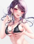  1girl absurdres bangs bikini black_bikini black_nails blush breasts cleavage collarbone earrings grey_background gundou_mirei highres jewelry large_breasts long_hair looking_at_viewer nail_polish nijisanji open_mouth purple_eyes purple_hair rai_(newtype_xm-x1) sideboob simple_background smile solo swimsuit underboob upper_body virtual_youtuber 