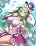  1girl absurdres alternate_costume breasts burnt_green_tea center_opening chest_sarashi cleavage fire_emblem fire_emblem_awakening fire_emblem_heroes ghost green_eyes green_hair halloween halloween_costume hat highres large_breasts long_hair looking_at_viewer naga_(fire_emblem) nail_polish pink_nails pointy_ears sarashi smile solo tiara top_hat underboob very_long_hair wrappings 
