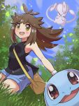  1girl bag blue_skin blush breasts brown_eyes brown_hair closed_eyes colored_skin grass green_(pokemon) highres inana_umi looking_at_viewer mew pokemon pokemon_(creature) pokemon_(game) pokemon_lgpe shirt shorts sky sleeveless sleeveless_shirt smile squirtle tail tree wristband 