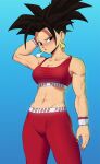  1girl abs bare_shoulders black_eyes black_hair blue_background blush breasts cleavage collarbone dragon_ball dragon_ball_super earrings echo_saber highres jewelry kefla_(dragon_ball) looking_at_viewer muscular muscular_female nail_polish pants simple_background solo sports_bra sweatband yoga_pants 