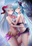  2girls asymmetrical_docking bare_shoulders beach bikini bikini_skirt black_bikini black_flower black_rose blue_hair breast_press breasts character_request choujigen_game_neptune commission curled_horns fire_emblem fire_emblem_heroes flower flower_necklace freyja_(fire_emblem) gdat goat_horns grey_hair hair_flower hair_ornament highres horns large_breasts long_hair looking_at_viewer microskirt multiple_girls neptune_(series) official_alternate_costume palm_tree pelvic_curtain pink_eyes red_horns rose see-through skirt smile swimsuit tree very_long_hair white_bikini yellow_eyes 