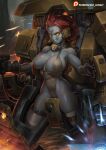  1girl alien battlesuit black_gloves blue_skin breasts brown_leotard cleavage colored_skin covered_abs detached_collar english_commentary fang gloves grin headgear highres large_breasts leotard medium_hair no_nose paid_reward_available piloting plunging_neckline power_armor red_hair revealing_clothes sagging_breasts sgt_lonely smile solid_eyes solo t&#039;au teeth thick_thighs thigh_strap thighs tracer_fire warhammer_40k yellow_eyes 