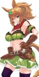  1girl animal_ears bandana bandeau bare_shoulders belt bikini bikini_under_clothes blue_eyes breasts brown_belt brown_gloves brown_hair cleavage commentary_request cowboy_shot detached_sleeves gloves green_skirt hair_ornament hand_on_hip hat_on_back highres horse_ears large_breasts long_hair looking_at_viewer midriff miniskirt mojao navel ponytail purple_thighhighs short_sleeves simple_background skirt skirt_set smile solo standing star_(symbol) star_hair_ornament star_print stomach swimsuit taiki_shuttle_(umamusume) thighhighs thighs umamusume white_background zettai_ryouiki 
