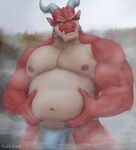  2022 anthro clothing dragon grin hi_res holding_belly horn kapetoelo looking_at_viewer male musclegut muscular nature nature_background nipples partially_submerged slightly_chubby smile solo spikes steam thong underwear water 