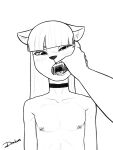  anthro athletic bangs bare_chest beauty_mark black_and_white blush blush_lines bodily_fluids choker digital_media_(artwork) domestic_cat doxhun duo ears_back eyelashes eyeliner face_grab fangs felid feline felis finger_in_mouth first_person_view gaping_mouth girly grabbing hair hi_res holding_face jewelry line_art long_hair looking_at_viewer makeup male male/male mammal markings mole_(marking) monochrome mouth_shot necklace nipple_piercing nipples nude open_mouth piercing pivoted_ears saliva saliva_string sasha_(doxhun) sharp_teeth simple_background straight_hair teeth throat tongue tongue_out uvula 