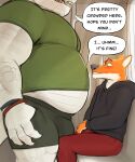  2022 absurd_res ambiguous_species anthro anthro_on_anthro belly biceps big_belly big_muscles blush bodily_fluids bottomwear bracelet canid canine clothed clothing covering covering_crotch covering_self crocodilian crowded dialogue duo english_text erection erection_under_clothing eyebrows flustered fox fur genital_fluids hi_res hoodie inside jewelry male male/male mammal moobs musclegut muscular muscular_anthro muscular_male open_mouth overweight overweight_anthro overweight_male pants precum precum_through_clothing public_transportation razzper reptile scalie shirt shorts sitting size_difference smile standing teeth text tongue topwear train tuft vehicle wet wet_clothing 
