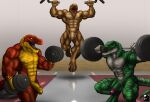  abs anthro balls barbell barbell_squats bicep_curl biceps casual_nudity curls deltoids dinosaur dumbbell exercise flaccid foreskin genitals green_body green_scales grilder_(character) group gym hi_res humanoid_genitalia humanoid_hands humanoid_penis kevindragon male male/male manly muscular muscular_anthro muscular_male nipples non-mammal_balls non-mammal_nipples nude pecs penis pull-up_(exercise) quads reptile scales scalie squating theropod trio troojhar typhek tyrannosaurid tyrannosaurus tyrannosaurus_rex weightlifting weights workout 