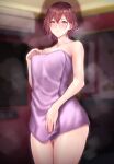  1girl :o blush breasts brown_hair collarbone hair_ornament hairpin highres higuchi_madoka idolmaster idolmaster_shiny_colors indoors looking_at_viewer medium_breasts mole mole_under_eye naked_towel red_eyes solo steam steaming_body towel water_drop wet wet_hair zucchini 