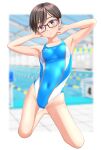  1girl absurdres arms_behind_head black_hair blue_one-piece_swimsuit blurry blurry_background breasts brown_eyes commentary_request competition_swimsuit covered_navel full_body glasses highres kneeling looking_at_viewer multicolored_clothes multicolored_swimsuit one-piece_swimsuit original parted_lips pool short_hair small_breasts solo swimsuit takafumi 