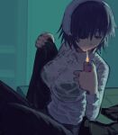  1girl black_hair bra chainsaw_man cigarette eyepatch highres himeno_(chainsaw_man) holding holding_cigarette lighting_cigarette liowig looking_down sitting smoking solo underwear wet wet_clothes 