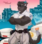  anthro bottomwear bulge city city_background cityscape clothing crossed_arms eyewear felid feline frown hi_res looking_at_viewer male mammal motorcycle muscular pants police solo sunglasses tight_bottomwear tight_clothing tight_pants uniform vehicle wolfybuns 