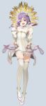  1girl ahoge commentary_request detached_sleeves dress hair_ornament hands_up high_heels highres long_sleeves low_twintails niconico open_mouth pumps purple_eyes purple_hair rsk_(tbhono) thighhighs twintails voiceroid white_dress white_thighhighs yuzuki_yukari 