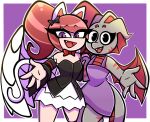  anthro apron bat_wings black_clothing bow_ribbon clothed clothing dragon duo feathered_wings feathers female grey_body humanoid membrane_(anatomy) membranous_wings nelljoestar purple_clothing purple_eyes qetesh_(sir-raptor) sharp_teeth simple_background smile teeth wings 