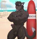  anthro balls beach chest_tuft crossed_arms erection eyewear felid feline genitals hi_res lifeguard_tower looking_at_viewer male mammal muscular nude penis seaside solo sunglasses surfboard tuft vein veiny_penis wolfybuns 