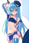  1other bangs bare_shoulders blue_hair collarbone cowboy_shot crossed_bangs hair_between_eyes hat highres jacket long_hair midriff name_(oiuio) navel rimuru_tempest shorts smile solo tensei_shitara_slime_datta_ken thighhighs white_background yellow_eyes 