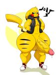  2022 anthro balls big_balls big_penis bodily_fluids bottom_heavy clothed clothing digital_drawing_(artwork) digital_media_(artwork) dripping footwear fur generation_1_pokemon genital_fluids genitals hi_res hood hoodie huge_penis huge_thighs male mammal mostly_nude nintendo omegabrawl penis pikachu pokemon pokemon_(species) precum precum_drip rodent shoes simple_background smile sneakers solo thick_thighs topwear video_games yellow_body yellow_fur 