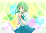  1girl bangs blush bow bowtie collared_shirt curtains flower green_eyes green_hair gumi highres holding holding_flower pleated_skirt rooibos school_uniform shirt shirt_tucked_in short_hair_with_long_locks skirt sleeves_pushed_up smile solo tearing_up transparent_curtains vocaloid 