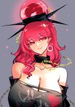 1girl black_headwear black_shirt breasts chain cleavage closed_mouth clothes_writing collarbone earrings grey_background hecatia_lapislazuli highres jewelry large_breasts off-shoulder_shirt off_shoulder polos_crown raptor7 red_eyes red_hair shirt short_hair short_sleeves simple_background smile solo touhou upper_body 