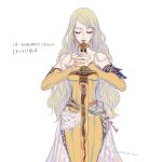  1girl amano_yoshitaka_(style) blonde_hair celes_chere closed_mouth detached_sleeves final_fantasy final_fantasy_vi highres hip_vent holding holding_sword holding_weapon long_hair oju_(ouka) pants shirt square_enix sword waist_cape wavy_hair weapon yellow_pants yellow_shirt 