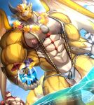  abs absurd_res anthro beach canid canine canis clothing cthugha_(tas) dragon group hi_res horkeu_kamui_(tas) horn lei lifewonders magangz male mammal muscular muscular_anthro muscular_male ophion pecs scales seaside speedo swimwear tokyo_afterschool_summoners trio video_games wings wolf yellow_body yellow_scales 