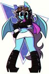  anthro bat_wings black_clothing blue_body blue_fur boots bottomwear clothed clothing equid equine female footwear fur gesture gloves hair handwear hi_res horse mammal membrane_(anatomy) membranous_wings miniskirt navel nelljoestar pegasus pony scarf silver_hair skirt solo v_sign wings 