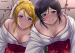  2girls absurdres aqua_eyes ayase_eli bangs black_hair blonde_hair blue_eyes bow breasts cleavage closed_mouth collarbone from_below grin hair_between_eyes hair_ornament hair_scrunchie hakama heart highres indoors japanese_clothes kimono long_hair looking_at_viewer love_live! love_live!_school_idol_project medium_breasts miko multiple_girls open_clothes open_kimono ponytail pov red_bow red_hakama scrunchie shiny shiny_hair smile sweatdrop takatsuki_p toujou_nozomi twitter_username white_kimono white_scrunchie 