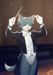  1boy :&lt; absurdres animal_ears animal_nose arms_up artist_name backlighting baton_(conducting) black_coat blandji blue_fur blurry blurry_background body_fur bottomless bow bowtie cat_boy cat_ears cat_tail closed_eyes closed_mouth coat collared_shirt commentary conductor cowboy_shot english_commentary furry furry_male gloves groin highres indoors legs_together light_particles long_sleeves male_focus open_clothes open_coat shirt signature snout solo standing tail tailcoat thighs tom_(tom_and_jerry) tom_and_jerry traditional_bowtie twitter_username two-tone_fur u_u whiskers white_bow white_bowtie white_fur white_gloves white_shirt 
