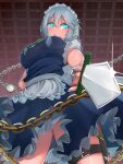  1girl absurdres angry apron aqua_eyes bow breasts chain cowboy_shot frilled_apron frilled_skirt frilled_sleeves frills from_below green_ribbon grey_hair hair_over_breasts hand_on_hip highres holding holding_knife holding_weapon holster indoors izayoi_sakuya knife knife_holster large_breasts looking_at_viewer looking_down maid maid_apron maid_headdress nail_polish open_mouth pocket_watch pointing pointing_at_viewer ribbon sazaki_(sakiyuikun) sidelocks skirt standing thigh_holster thighs touhou waist_apron waist_bow watch weapon 