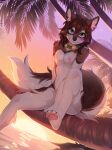  2022 4_toes anthro breasts canid canine canis casual_nudity collar digital_media_(artwork) domestic_dog feet female fumiko hi_res inner_ear_fluff looking_at_viewer mammal palm_tree plant plantigrade sea sitting small_breasts smaller_version_at_source smile solo toes tree tuft water 