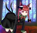  1girl :3 all_fours animal_ears ass backlighting bangs black_bow blunt_bangs blurry blurry_background blurry_foreground bow braid cat_ears cat_tail depth_of_field dress frilled_dress frills green_dress hair_bow highres indoors kaenbyou_rin long_sleeves looking_at_viewer multiple_tails nekomata red_eyes red_hair solo stained_glass str11x tail touhou twin_braids two_tails 