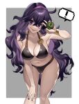  1girl @_@ absurdres bikini black_bikini breasts cleavage dusk_ball hairband hanny_(uirusu_chan) hex_maniac_(pokemon) highres large_breasts long_hair messy_hair nail_polish navel open_mouth poke_ball pokemon pokemon_(game) pokemon_xy purple_eyes purple_hair purple_nails solo swimsuit thighs v 