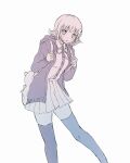  1girl :o backpack bag bangs black_shirt brown_skirt collared_shirt danganronpa_(series) danganronpa_2:_goodbye_despair dress_shirt feet_out_of_frame flipped_hair galaga grey_background hair_ornament hood hood_down hooded_jacket jacket medium_hair miniskirt nanami_chiaki neck_ribbon pink_eyes pink_ribbon pleated_skirt purple_jacket purple_thighhighs ribbon shirt simple_background skirt solo thighhighs two-tone_shirt white_shirt yuno_(ou35i) zettai_ryouiki 