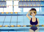  1girl afloat blonde_hair blue_eyes blush breasts cleavage collarbone large_breasts looking_at_viewer miomio1120 open_mouth original partially_immersed partially_submerged pool racing short_hair solo standing submerged swim_cap swimming swimsuit wading water wet 