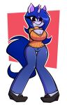  anthro big_breasts blue_body blue_fur blue_hair bottomwear breasts cleavage clothed clothing denim denim_clothing equid equine female fur hair hands_behind_back hi_res horn horse jeans long_hair long_tail looking_at_viewer mammal nelljoestar pants pony smille solo sweater topwear unicorn 