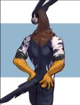  2022 anthro avian biped black_body black_fur blue_background brown_body brown_fur butt claws digital_media_(artwork) feathers finger_claws fur gryphon hand_on_butt long_neck looking_back male multicolored_body multicolored_fur mythological_avian mythology simple_background skully skully_(skully) solo tail_feathers white_background white_body white_fur yellow_eyes 