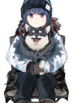  1girl :t absurdres animal bangs beanie black_pants blue_hair brown_gloves chair dog gloves hat highres jacket leadin_the_sky long_sleeves looking_at_viewer pants purple_eyes scarf shima_rin simple_background sitting white_background white_jacket winter_clothes yurucamp 