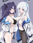  2girls bikini black_bikini black_pantyhose blue_archive blush breast_press grey_bikini grey_hair halo highres jacket long_hair long_sleeves looking_at_viewer multiple_girls navel noa_(blue_archive) nose_blush ocha_(popopogg) off_shoulder open_mouth pantyhose purple_eyes purple_hair simple_background swimsuit symmetrical_docking two_side_up very_long_hair white_jacket yuuka_(blue_archive) 