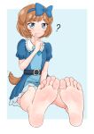  1girl :3 ? animal_ears barefoot between_legs blue_background blue_bow blue_dress blue_eyes blush border bow brown_hair commentary_request delicious_party_precure dog_ears dog_girl dog_tail dress feet foot_focus foreshortening greek_toe hair_bow hairband hand_between_legs hand_up highres hinosaki looking_at_viewer pam-pam_(precure) pam-pam_(precure)_(human) precure short_sleeves soles solo tail toes white_border 