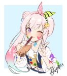  1girl airani_iofifteen bubble_tea cup disposable_cup drinking drinking_straw hair_bun highres hololive hololive_indonesia long_hair one_eye_closed paint_on_clothes paint_splatter paint_splatter_on_face palette_hair_ornament pink_hair purple_eyes scrunchie side_ponytail single_hair_bun suspenders twitter_username v virtual_youtuber vyolfers wrist_scrunchie 