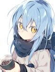  1other absurdres bangs blue_hair cup fur_collar fur_trim hair_between_eyes highres holding holding_cup long_hair long_sleeves looking_at_viewer name_(oiuio) rimuru_tempest solo tensei_shitara_slime_datta_ken white_background yellow_eyes 