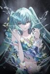  1girl aqua_hair bangs bare_arms collarbone floating_hair green_eyes grey_background hair_between_eyes hatsune_miku highres liquid_clothes long_hair looking_at_viewer midriff navel nekota_yama parted_lips solo stomach twintails upper_body very_long_hair vocaloid 