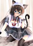  1girl absurdres alternate_costume animal_ears apron black_hair black_thighhighs blue_eyes breasts cat_ears cat_tail cleavage closed_mouth detached_collar dress enmaided frilled_dress frills garter_straps glasses hair_between_eyes highres himura_moritaka kantai_collection kemonomimi_mode long_hair maid maid_apron maid_headdress on_bed ooyodo_(kancolle) paw_pose photoshop_(medium) short_sleeves smile solo tail tail_raised thighhighs very_long_hair wrist_cuffs 