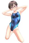  1girl absurdres arms_behind_head black_hair blue_one-piece_swimsuit breasts brown_eyes commentary_request competition_swimsuit covered_navel full_body glasses highres kneeling looking_at_viewer multicolored_clothes multicolored_swimsuit one-piece_swimsuit original short_hair simple_background small_breasts smile solo swimsuit takafumi white_background 