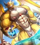  abs absurd_res animal_genitalia anthro beach canid canine canis cloaca cthugha_(tas) dragon genitals group hi_res horkeu_kamui horn lifewonders magangz male male/male mammal muscular muscular_anthro muscular_male nude ophion pecs scales seaside tokyo_afterschool_summoners trio video_games wings wolf yellow_body yellow_scales 