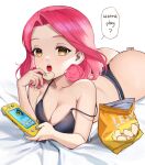  1girl aqua_nails artist_name ass breasts chips_(food) cleavage collarbone curly_hair eden_(shiroki_yuutsu) english_text flower-shaped_hair food forehead hair_behind_ear looking_at_viewer lying medium_breasts medium_hair on_stomach open_mouth original parted_hair pink_hair playing_games potato_chips solo speech_bubble strap_slip thong yellow_eyes 