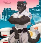  anthro balls bottomwear city city_background cityscape clothing crossed_arms erection exposed eyewear felid feline genitals hi_res looking_at_viewer male mammal motorcycle muscular pants penis police solo sunglasses tight_bottomwear tight_clothing tight_pants uniform vehicle vein veiny_penis wolfybuns 